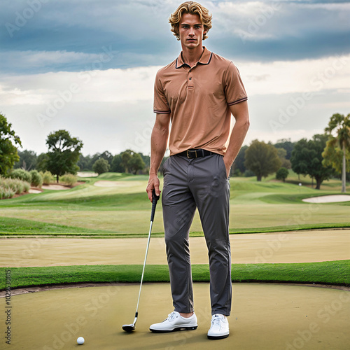Young Athletic Male Golfer Stands on Green Wearing Polo Shirt and Gray Slacks