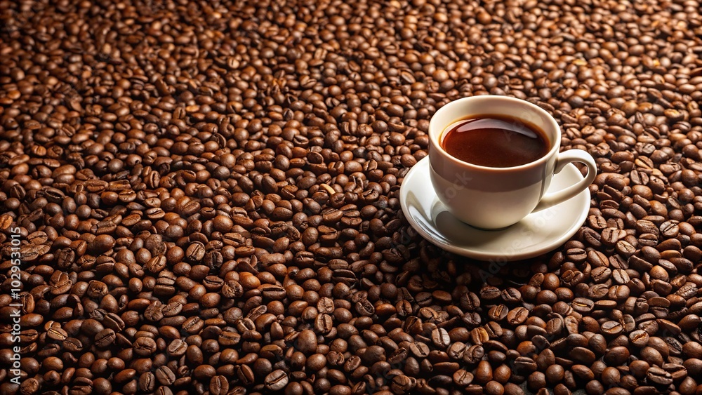 Panoramic view of Kona coffee cup resting on coffee beans Panoramic view of Kona coffee cup resting on coffee beans