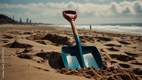 Playing on the sand Digging sand using a metal digger, making holes, works of art, finding sea shells.