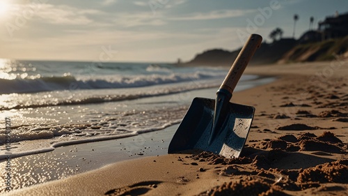 Playing on the sand Digging sand using a metal digger, making holes, works of art, finding sea shells.