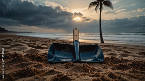 Playing on the sand Digging sand using a metal digger, making holes, works of art, finding sea shells.
