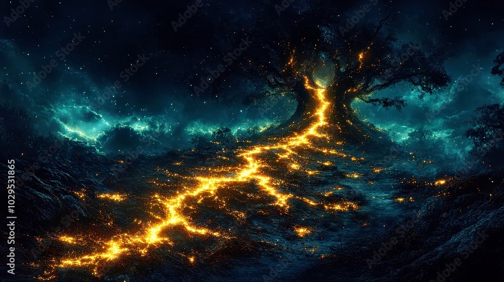 Fototapeta premium Stunning Night Landscape with Illuminated Tree and Mystical Glow