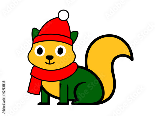 Vector Outline of Vector Outline of Vector Outline of Vector Outline of A cute Squirrel wearing a Santa clause hat and scarf on white background   