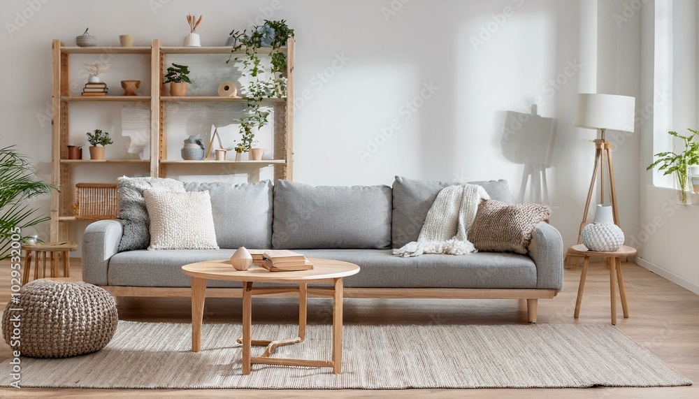 Obraz premium Cozy Scandinavian-inspired living room with a light gray sectional sofa, a neutral woolen ar 