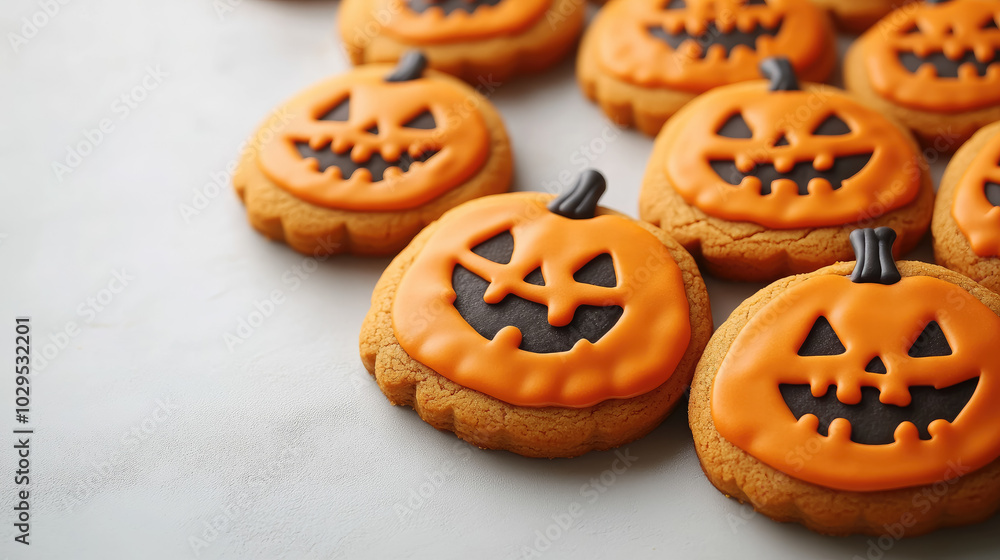 Halloween pumpkin shaped gingerbread cookies in orange icing on white background, all saints day, holiday, place for text, october 31, jack o lantern, card, copyspace, blank, celebration, food, baking Halloween pumpkin shaped gingerbread cookies in orange icing on white background, all saints day, holiday, place for text, october 31, jack o lantern, card, copyspace, blank, celebration, food, baking