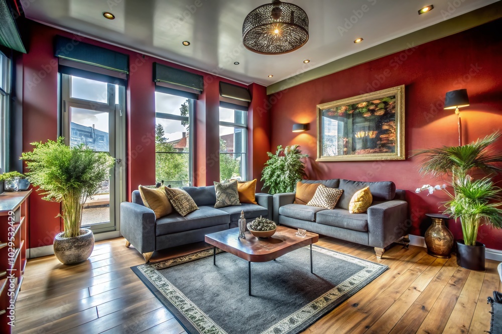 Panoramic View of a Cozy Red Living Room with Modern Decor and Natural Light Panoramic View of a Cozy Red Living Room with Modern Decor and Natural Light