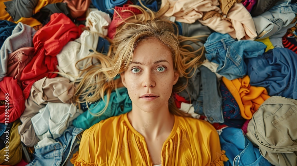 A woman with blonde hair lies in a pile of clothes, looking up with a curious expression. . A woman with blonde hair lies in a pile of clothes, looking up with a curious expression. .