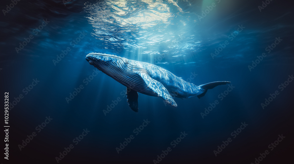 Graceful humpback whale gliding through deep ocean waters Graceful humpback whale gliding through deep ocean waters
