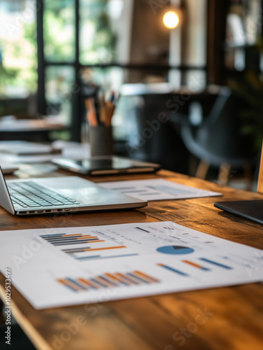 Close-Up of Table with Projected Financial Data on Paper and Laptops in Office Workshop