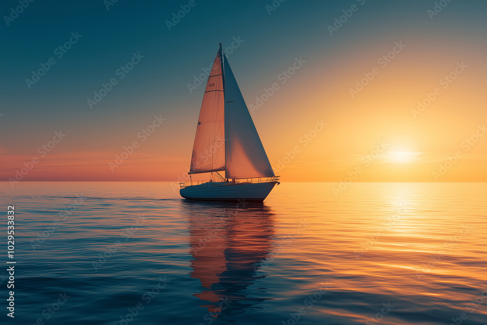 Fototapeta premium A serene Transformative Teal sailboat glides gracefully across calm waters at sunset, creating a stunning silhouette against the vibrant sky