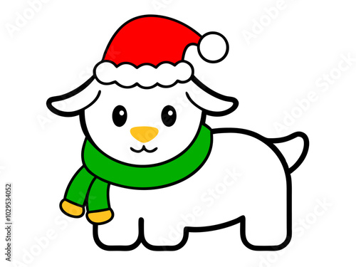 Vector Outline of A cute Lamb wearing a Santa clause hat and scarf on white background   