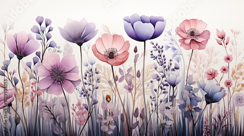 Watercolour illustration, wild blooming floral pattern, greeting card.