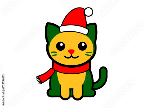 Vector Outline of A cute cat wearing a Santa clause hat and scarf on white background   