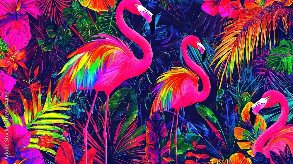 A flock of pink flamingos perched amidst swaying palm trees and lush vegetation against a backdrop of cerulean skies A flock of pink flamingos perched amidst swaying palm trees and lush vegetation against a backdrop of cerulean skies