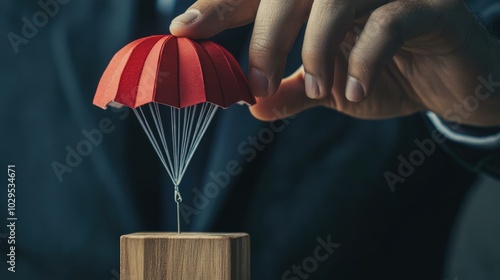 businessmana??s hand adjusting a tiny parachute on a block, symbolizing risk prevention in business strategies photo