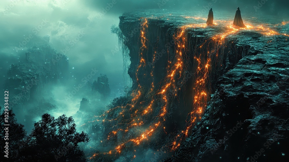 Fototapeta premium Fantasy Landscape with Glowing Lava and Mysterious Figures in Cloaks