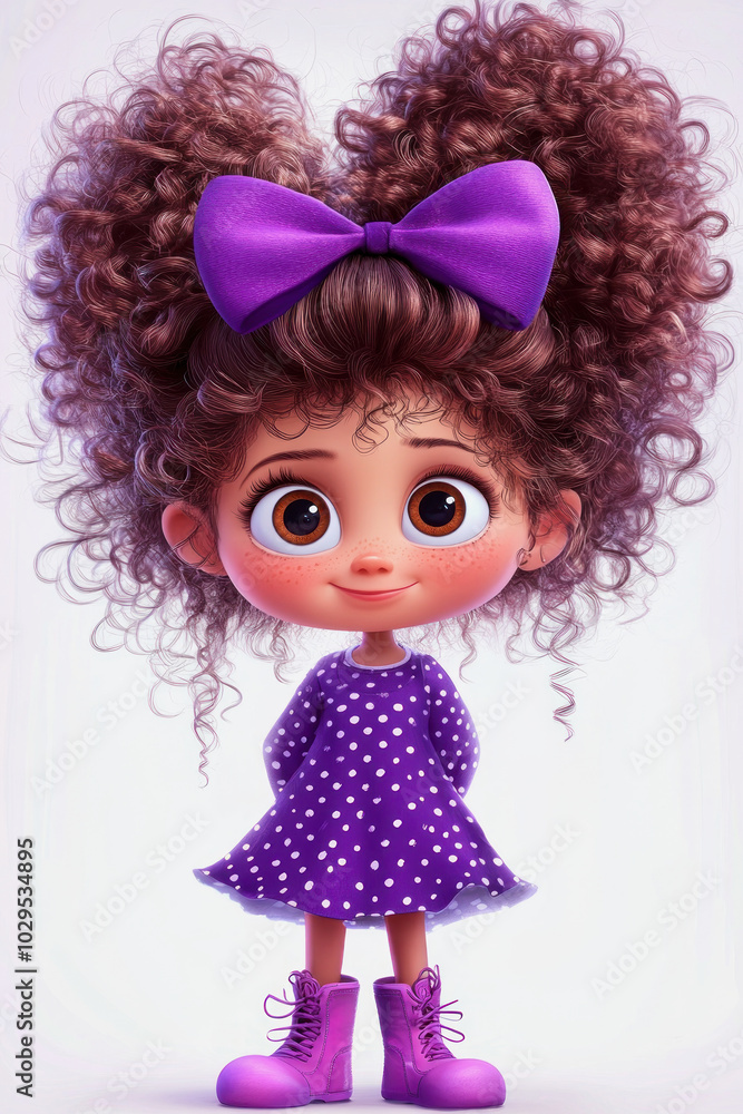 A cheerful young girl with curly hair wearing a purple dress and matching boots stands against a light background, radiating joy A cheerful young girl with curly hair wearing a purple dress and matching boots stands against a light background, radiating joy