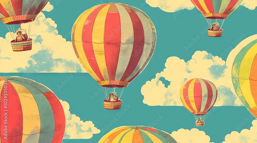 Obraz premium A group of hot air balloons flying through a blue sky with a couple in a hot air balloon overhead