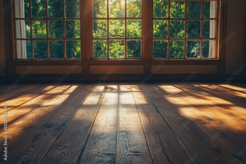 custom made wallpaper toronto digitalmodern interior decor, sunlight filters through large windows illuminating a spacious living room with a minimalist design, featuring dark wooden floor planks text space available