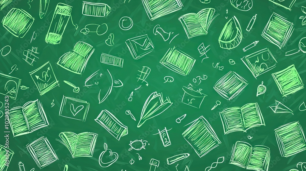 Green chalkboard with numerous books and symbols Green chalkboard with numerous books and symbols