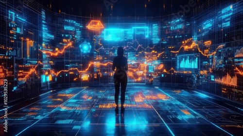 Futuristic Data Visualization Person Analyzing Digital Analytics Interface