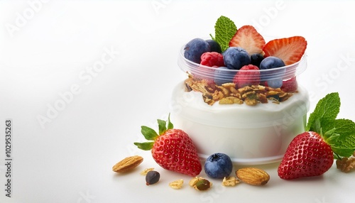 Greek yogurt with fresh berries, a small portion of granola, and sliced almonds, neatly arra  photo