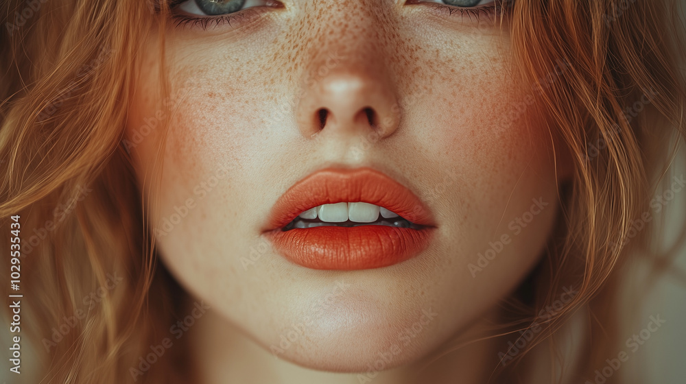 Striking Close-up of Woman with Freckles and Vibrant Orange Lips Striking Close-up of Woman with Freckles and Vibrant Orange Lips