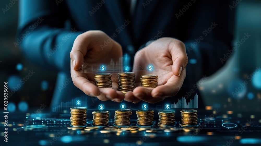 Hands holding stacks of coins with dollar signs and a digital graph. . Hands holding stacks of coins with dollar signs and a digital graph. .