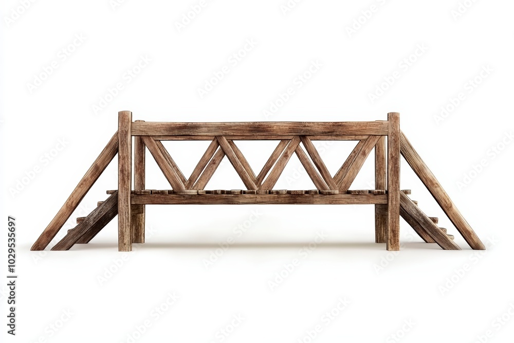Wooden bridge structure with triangular design, white isolated background. Wooden bridge structure with triangular design, white isolated background.