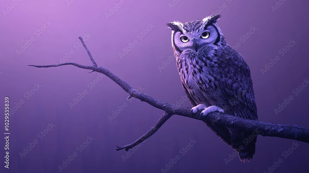 A Solitary Owl Perched on a Branch in a Purple Haze A Solitary Owl Perched on a Branch in a Purple Haze
