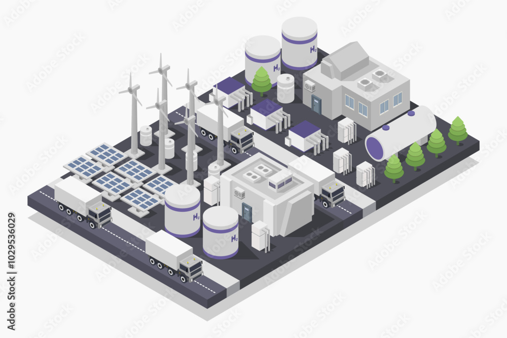 Hydrogen generation with solar and wind energy production isometric Hydrogen generation with solar and wind energy production isometric