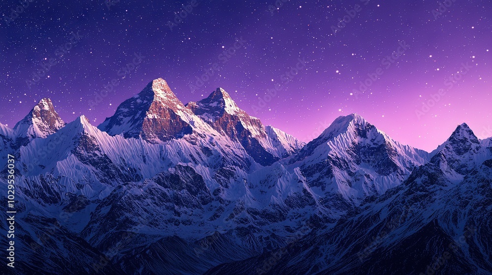 A stunning nighttime image of a majestic mountain range with glistening stars scattered throughout the sky and the moon illuminating the peaks from above A stunning nighttime image of a majestic mountain range with glistening stars scattered throughout the sky and the moon illuminating the peaks from above