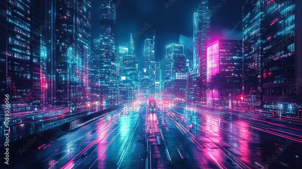 Neon city streets reflect on a wet road. . Neon city streets reflect on a wet road. .