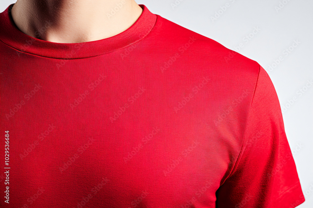 Fashionable oversized red T-shirt on a guy on a white background. Mockup close-up shot of the neck, presentation and advertising of the brand, merch and clothing stores. Showroom sale Fashionable oversized red T-shirt on a guy on a white background. Mockup close-up shot of the neck, presentation and advertising of the brand, merch and clothing stores. Showroom sale