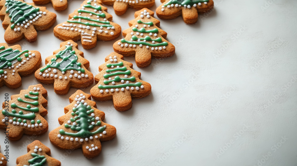 Christmas gingerbread cookies in the shape of fir trees with green icing lie on a white background, baking, copyspace, place for text, new year, holiday, food, party, delicious cake, sugar dough, cafe Christmas gingerbread cookies in the shape of fir trees with green icing lie on a white background, baking, copyspace, place for text, new year, holiday, food, party, delicious cake, sugar dough, cafe