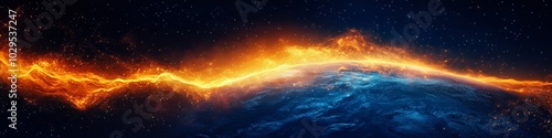 Stunning Cosmic Landscape with Fiery Horizon and Starry Background