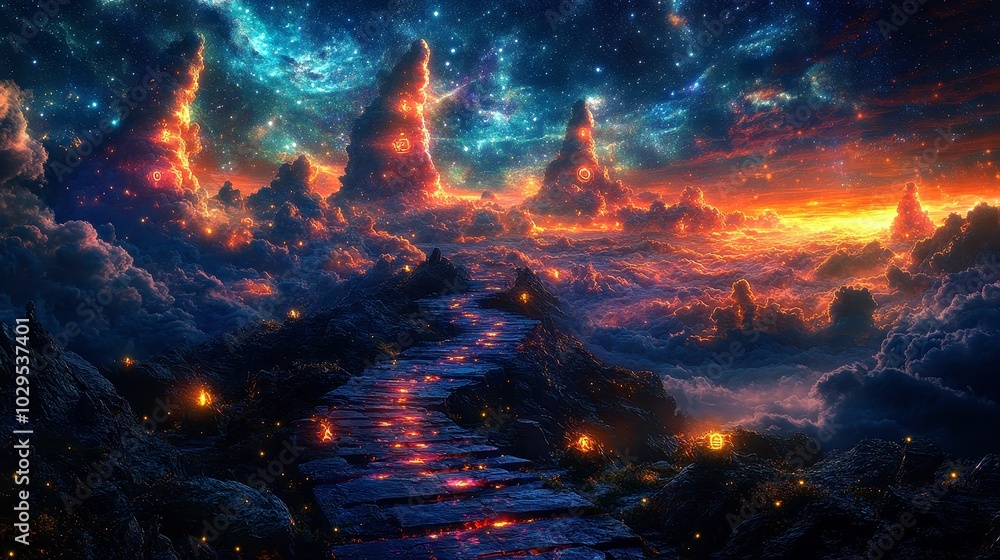 Stunning Cosmic Landscape with Glowing Pathway Among Colorful Clouds Stunning Cosmic Landscape with Glowing Pathway Among Colorful Clouds