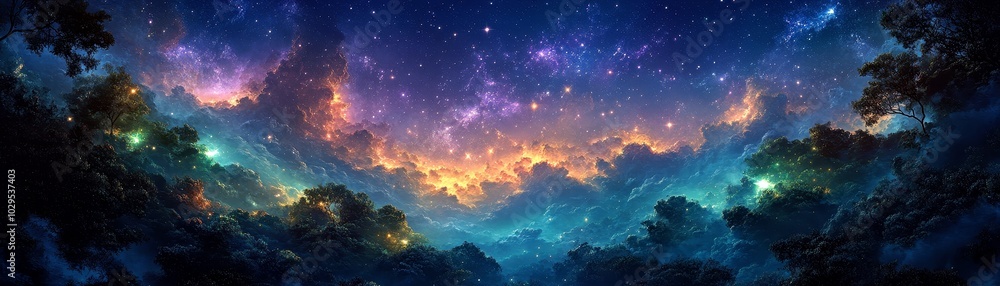 Fototapeta premium Stunning Cosmic Landscape with Starry Sky and Lush Forest