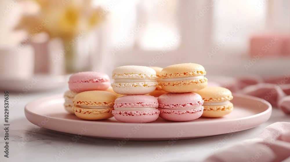 A plate of macaroons sits on a table beside a vase of flowers and a vase A plate of macaroons sits on a table beside a vase of flowers and a vase