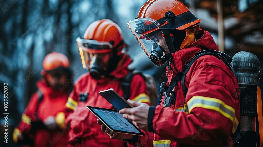 Firefighter in full gear checking a tablet. . Firefighter in full gear checking a tablet. .