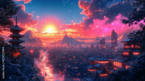 Stunning Sunset Over Futuristic City with Traditional Architecture