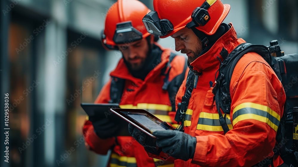 Firefighters in full gear review plans on a tablet. . Firefighters in full gear review plans on a tablet. .