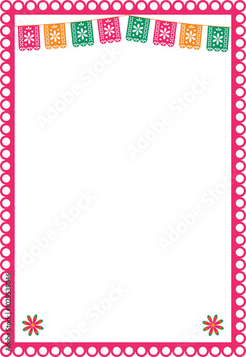 Vector frame with holiday papel picado flags and peppers on a transparent background. Mexican fiesta - holiday frame, social media story. Design element for banner, poster.