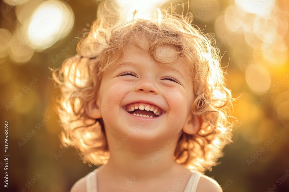 A young child with curly hair laughing joyfully in the warm golden light of the afternoon, capturing the innocence and happiness of childhood. A young child with curly hair laughing joyfully in the warm golden light of the afternoon, capturing the innocence and happiness of childhood.