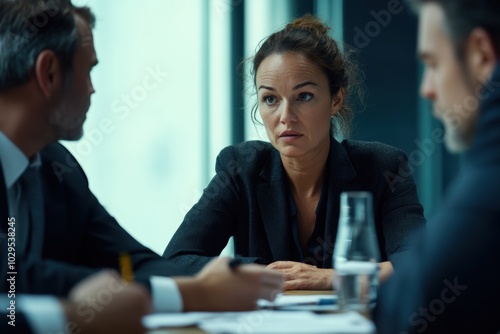 A serious businesswoman listens intently during a tense meeting, with colleagues in the background. Concepts of leadership, focus, and decision-making.