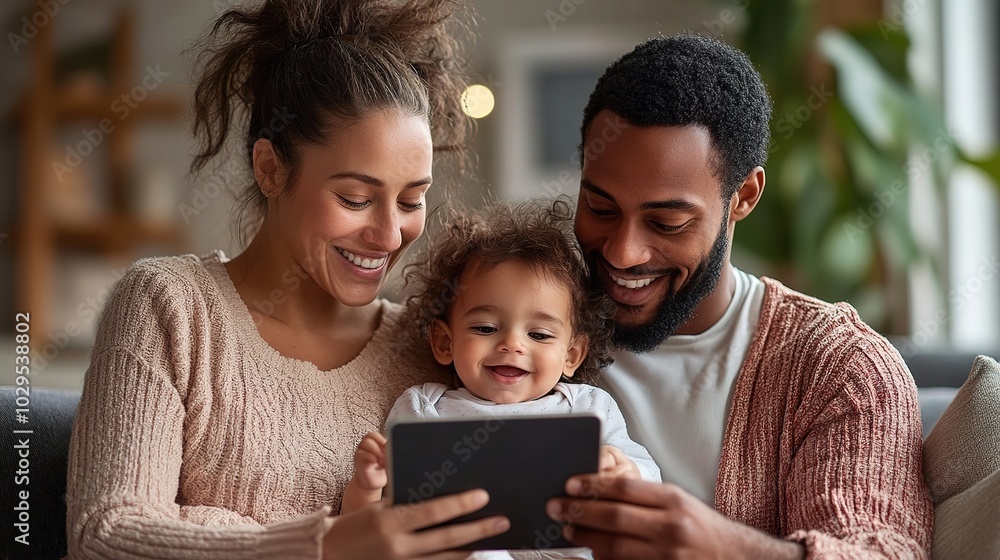 Happy family watching something on a tablet together. . Happy family watching something on a tablet together. .