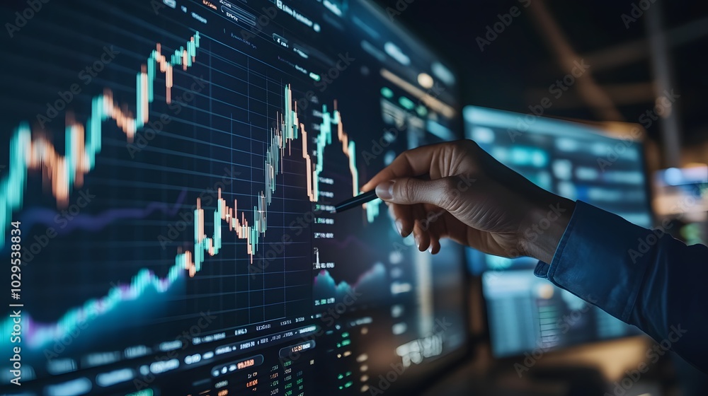 Trader analyzing data on virtual screen.Price graph and indicator. Stock market invest and crypto currency. Stock market and business investment. Trader analyzing data on virtual screen.Price graph and indicator. Stock market invest and crypto currency. Stock market and business investment.