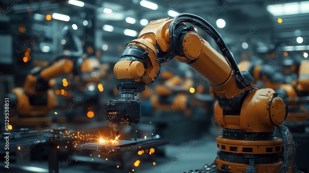 Industrial robot arm sparks fly as it works. . Industrial robot arm sparks fly as it works. .