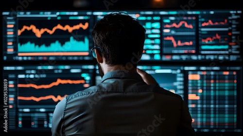 Trader analyzing data on virtual screen.Price graph and indicator. Stock market invest and crypto currency. Stock market and business investment.