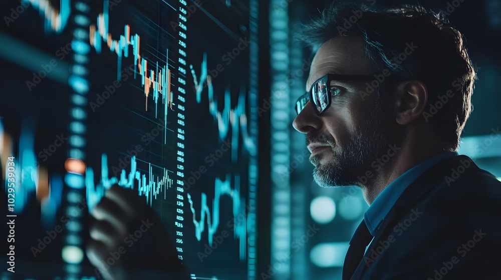 Trader analyzing data on virtual screen.Price graph and indicator. Stock market invest and crypto currency. Stock market and business investment. Trader analyzing data on virtual screen.Price graph and indicator. Stock market invest and crypto currency. Stock market and business investment.